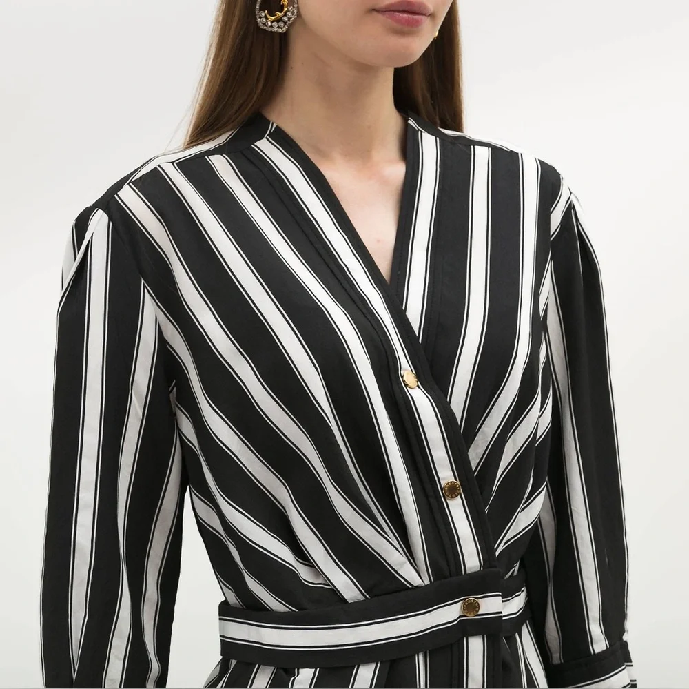 Sandro Carl Black and White Wrap Striped 3/4 Sleeve Midi Dress - Picture 5 of 15
